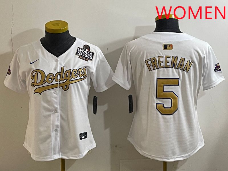Women Los Angeles Dodgers 5 Freeman White Champion gold character 2025 Nike MLB Jersey style 4124